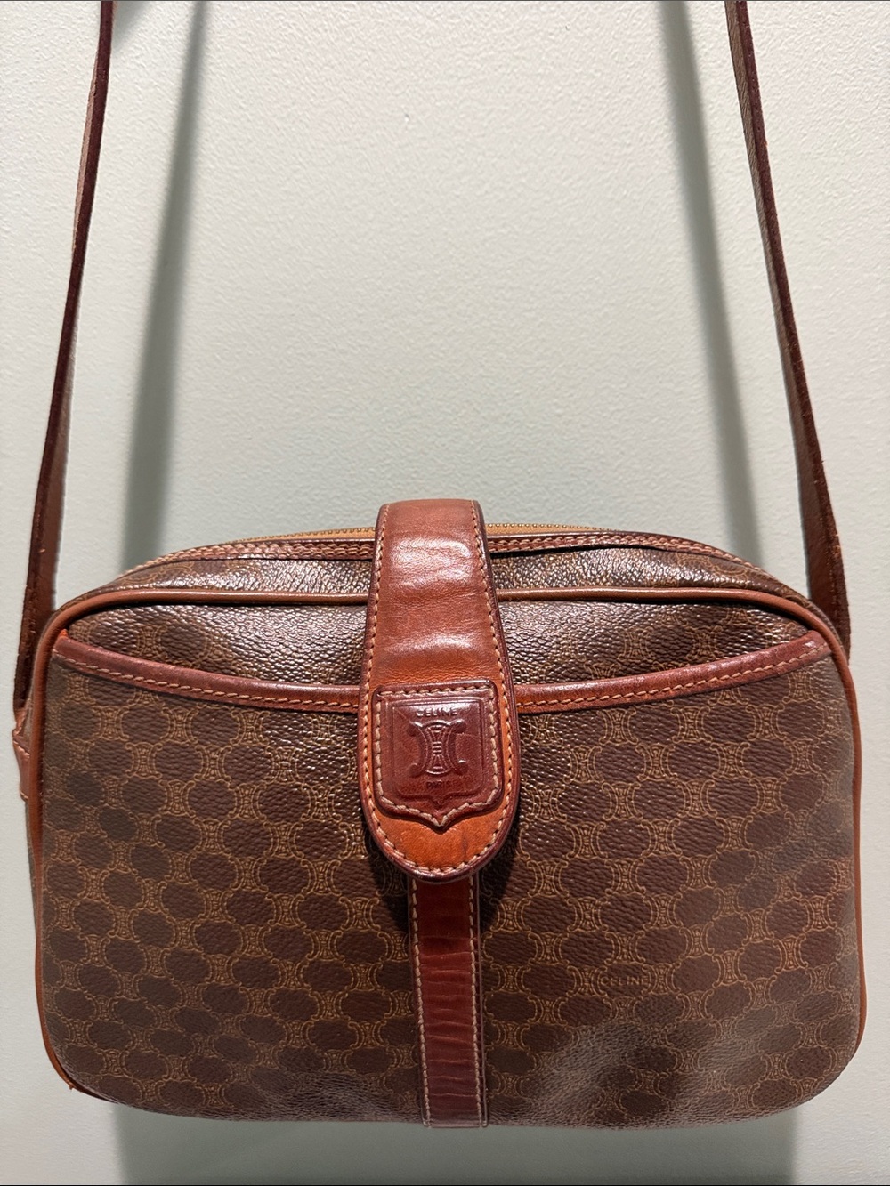 Celine Vintage Triomphe Honey Patina Patterned Leather Trim Crossbody Bag